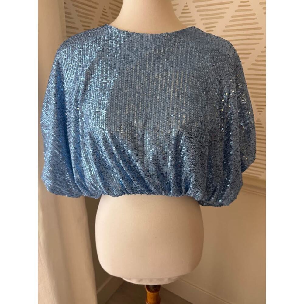 Endless Rose Women’s Small Blue Sequin Cropped Puffed Sleeve Top - Picture 2 of 7